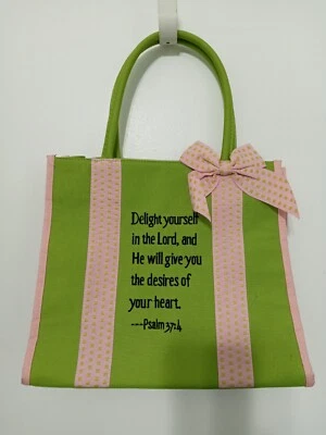 MWW Market Canvas Lime Green And Pink Embroidered Inspirational Tote/Bible Case - Image 1 of 4