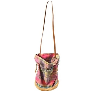 Ponte Vecchio Plaid Drawstring Bucket Bag USA Made Woven Base Cottagecore - Picture 1 of 12