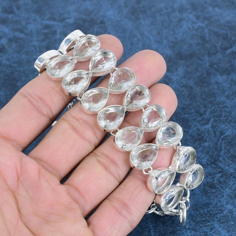 925 Sterling Silver White Topaz Gemstone Handmade Jewelry Bracelet-8" - Image 1 of 4