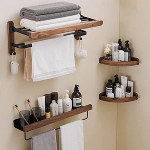 Light Luxury Wooden Style Towel Rack Bathroom Walnut Solid Wood Storage Rack - Picture 1 of 42