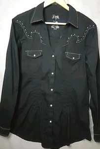 Rock 47 by Wrangler Western Shirt Mens Sz Large Black Embroidered Studded Cowboy - Picture 1 of 10