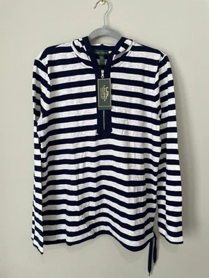 VTG Lauren Ralph Lauren LRL White Blue Stripes w Hoodie New w Tag XL - Image 1 of 4
