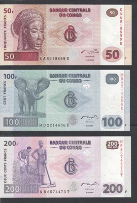 Congo 3 note set, 50, 100, and 200 Francs, 2000-2007 uncirculated - Image 1 of 2
