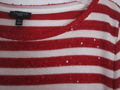 NUEVO SIN ETIQUETAS Camiseta Talbots Top Rojo Rayas Talla XL Pequeña XLP Lentejuelas Brillante Vacaciones Foto 1 de 4