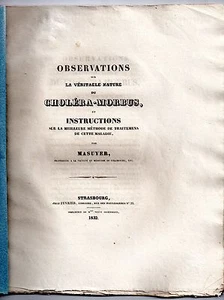 G-M MASUYER OBSERVATIONS SUR LE CHOLERA-MORBUS ET TRAITEMENTS 1832 MEDECINE - Picture 1 of 1