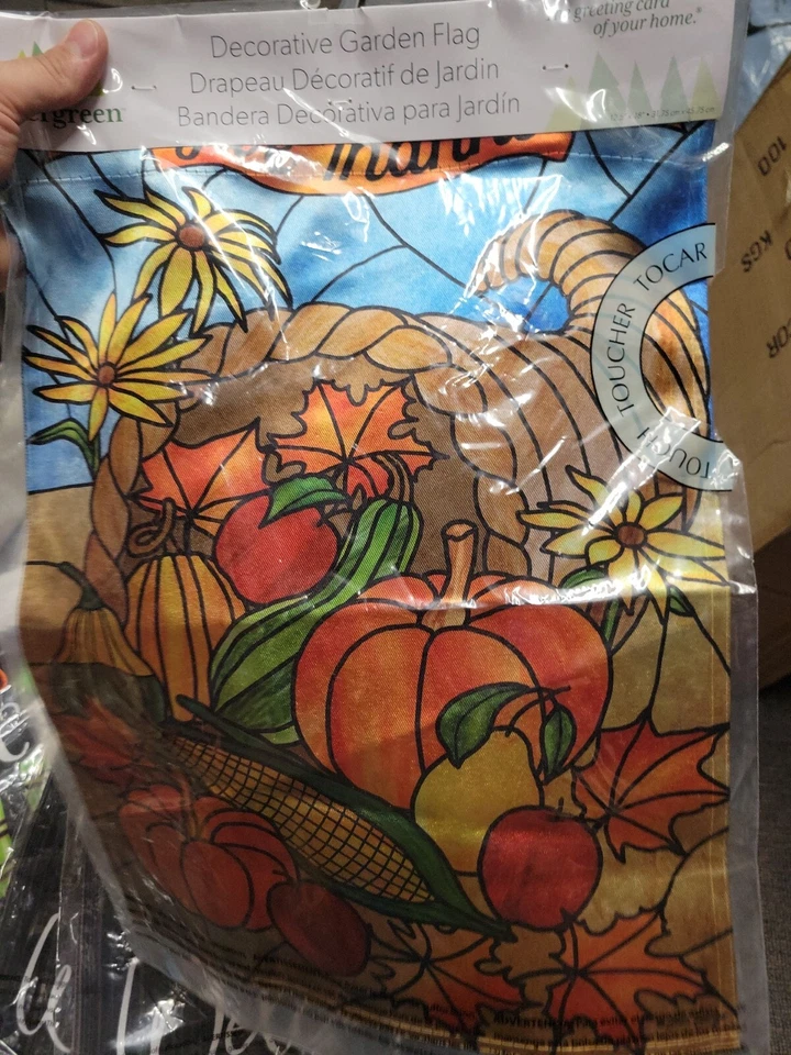 Stained Glass Cornucopia 14LU11005 Evergreen LUSTRE Garden Flag 12.5” ”