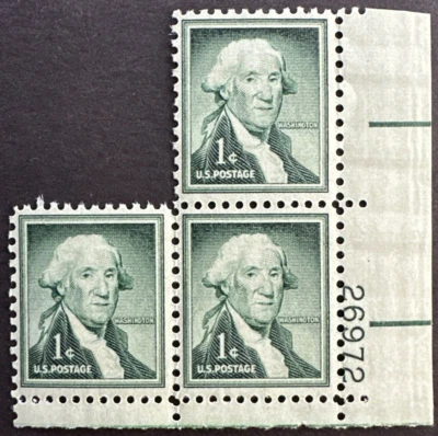 US 1954 Scott 1031 3 MNH Stamps + Plate #. Liberty Issue 1c Washington - Image 1 of 2