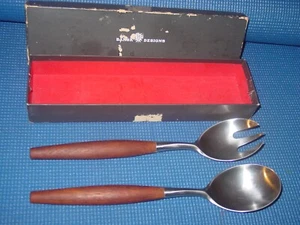 DANSK FJORD TEAKHOLZ EDELSTAHL SALAT SERVIEREN 2-TEILIGES SET SERVIERGERÄT 10 7/8" GABEL LÖFFEL - Bild 1 von 7