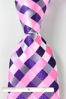 New Classic Checks Plaids Purple Pink Jacquard Weave 100% Silk Men's Necktie Tie - Image 1 of 4