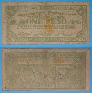 1942 Philippines ~ LEYTE 1 Peso ~ F ~ WWII Emergency Note ~ LEY-104/579 - Picture 1 of 1