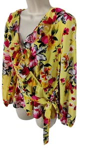 WOMENS PAPAPA MATALAN UK 12 LEMON FLORAL LONG SLEEVE FRILL WRAP BLOUSE PARTY TOP - Picture 1 of 3