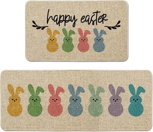 Set of 2 Happy Easter Rabbits Spring Decorative Kitchen Mats 17x29 &17x47 Inch - Picture 1 of 6