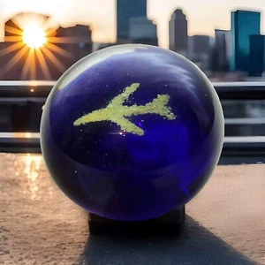 Glass Paper Weight Airplane Blue Round Flat Base - Picture 1 of 4
