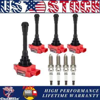 Juego de 4 bujías y bobinas de encendido IRIDIUM para Nissan Juke 1.6L Turbo UF659 Foto 1 de 4