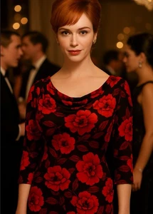 Womens Sz 16 Red Black Floral Ruched Sheath Bell Sleeve Cowl Neck Vtg Inspired - Picture 1 of 5