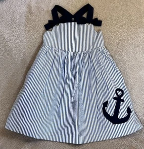TAHARI Little Girl Size 4 Seersucker Nautical Anchor Blue White Summer Dress NEW - Picture 1 of 3