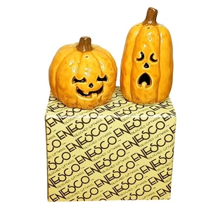 Enesco Halloween Carved Pumpkin Salt & Pepper Shakers Vtg 3" - Picture 1 of 7