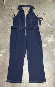 Vtg Revolt Blue Denim Bib Overalls Zip Collared Belted Stretch Sz W24 NWT READ - Picture 1 of 15