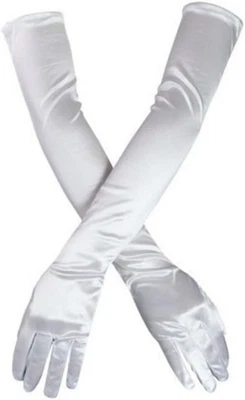 Women's Evening Party Mittens 21" Long Black/Satin Finger Gloves White - Image 1 of 4