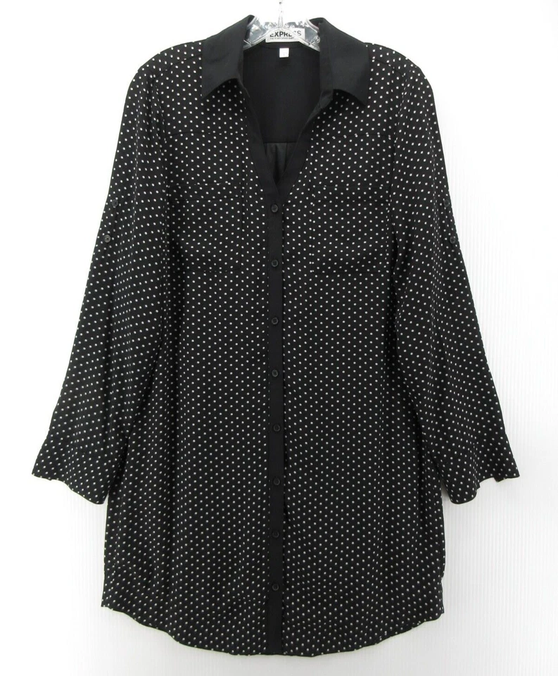 Express Dress Women Small Black Portofino Shirt Button Up Polka Dots Roll Tab - Image 1 of 4