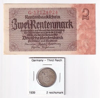 German 2 Mark Currency: 1937 Series Rentenmark Banknote & 1939 Silver Coin - Image 1 of 2