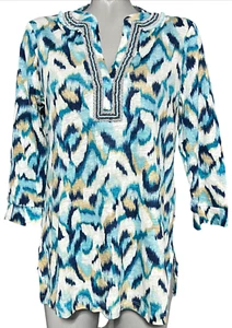 NEW CHICO'S SZ 1 BEACH AQUA LINEN IKAT EMBELLISHED NECK TUNIC 3/4 SLEEVE TOP M - Picture 1 of 12