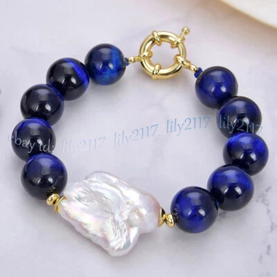 12毫米蓝老虎眼宝石圆形珠白色克西巴洛克珍珠手链7.5英寸 — 第 1/4 张图片