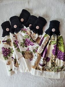 New Crocheted Top Hanging Kitchen Towels Set of 6 Grape Wine Print 