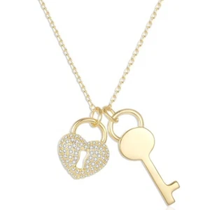 .33ct Moissanite Heart Lock & Key Necklace 14k Yellow Gold Pave Set Gift ready - Picture 1 of 10