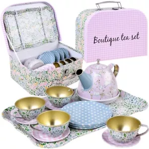 Tee-Set Blumen Metall Wasserkocher Küche Zubehör Kinder Tassen Teller Hasen JO - Bild 1 von 8
