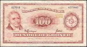100 coronas 1936 (1970) - Dinamarca - Prefijo B3 - Pick:46f -"F" - F15 - Imagen 1 de 3