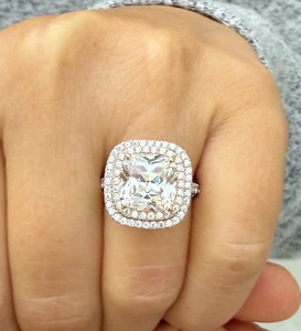 Cushion Cut Moissanite Engagement Ring Halo Prong Set 14k White Rose Gold 6.00 - Picture 1 of 15