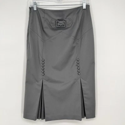 Body by Victoria Midi Pencil Skirt 4 Gray Pleated Buckle Back Button Kick Pleat - Image 1 of 4