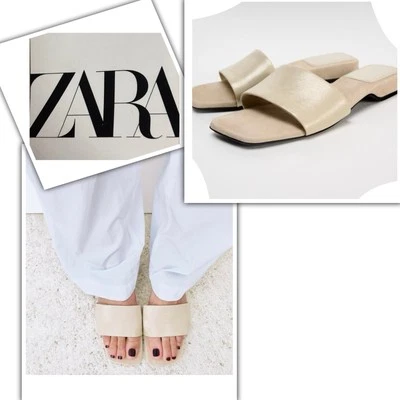 SANDALIAS DESLIZANTES ZARA MUJER CUERO TACÓN BAJO.  BEIGE. TALLA 7,5 / EUR 38. NUEVO. Foto 1 de 4