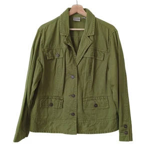 Chicos Womens Jean Jacket Size 3 XL 100% Cotton Green Button Front Coat Utility - Picture 1 of 6