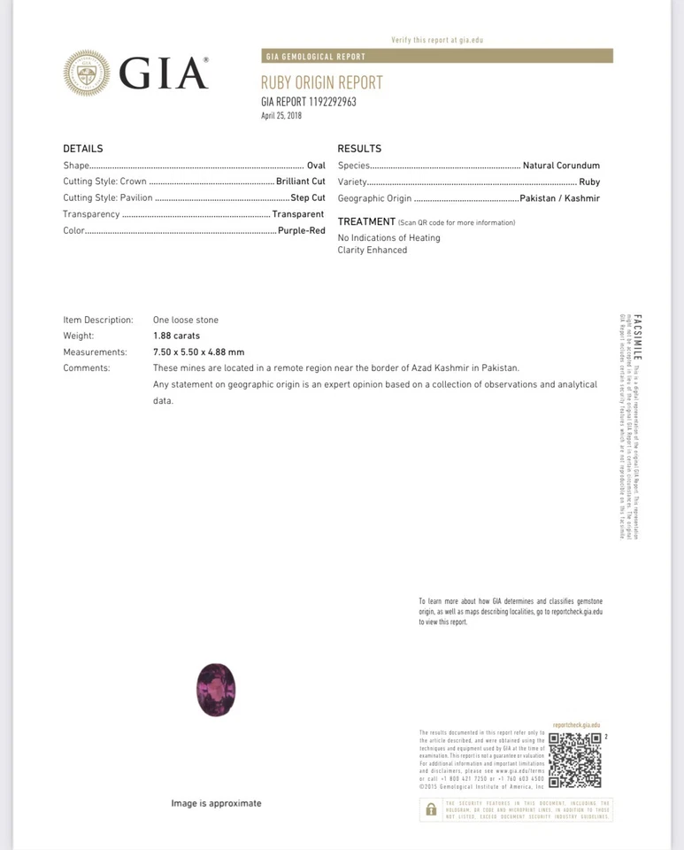 1.88 Carat Ruby Purple-Red Kashmir Unheated GIA *NEW* - Image 1 of 2