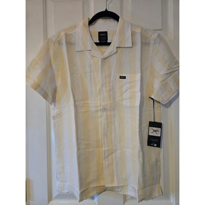 Camisa RVCA Para Hombre Fácil Ajuste Manga Corta Abotonada Amarillo Blanco Rayas Talla S Foto 1 de 4