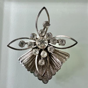 Vintage Silver Metal Clear Rhinestone Flower Layered 2" Brooch Pin Starburst - Picture 1 of 13