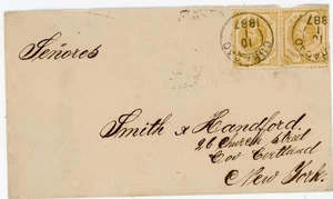 Netherlands Antilles Sc#8(pair)-CURACAO-10/1/1887-TO USA-NEW YORK PO PAID ALL-JA - Picture 1 of 3