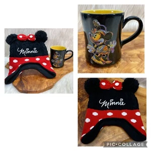 Minnie Mouse Knit Hat Mug Lot Youth Size Red Black PomPom Ears Disney Store - Picture 1 of 23