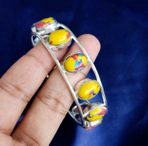 Rainbow Calsilica Multi Stone Silver Plated Healing Crystal Adjustable Bangle - Picture 1 of 12