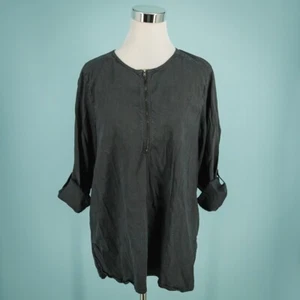 Eileen Fisher Size Large L Gray Zip Crew Tab Sleeve System Organic Linen Top - Picture 1 of 7