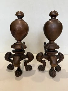 Pair of Rare Antique English Copper Bronze Andirons, 7 1/2" W, 14" T, 11" Long - Picture 1 of 9