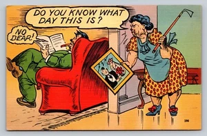 Husband Anniversary Failure Golf Club Mad Wife Vintage Comic Postcard WW II Era - Picture 1 of 2