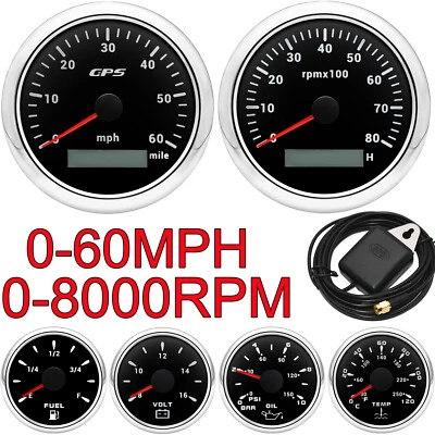 6 Gauge Set 85mm GPS Speedometer 60MPH Tacho 8000RPM&52mm Fuel Oil Temp Volt - Image 1 of 4