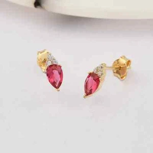 2.3 Ct Pear Simulated Pink Sapphire Dainty Stud Earrings 14k Yellow Gold Plated - Picture 1 of 4