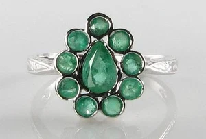 DIVINE 9CT WHITE GOLD ART DECO INS EMERALD TEAR DROP PEAR RING - Picture 1 of 1