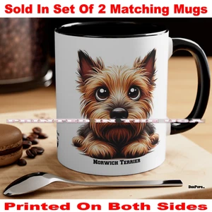 DigiPups Norwich Terrier Dog Breed Laying Portrait Cartoon Coffee Cup 2 Mug Set - Picture 1 of 3