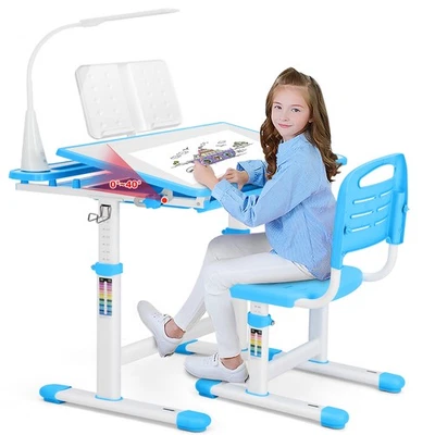 Juego de sillas de mesa de escritorio de estudio ajustable en altura para niños con lámpara, cajón, cubierta de silla, azul Foto 1 de 4