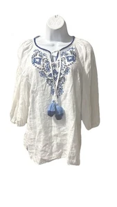 Charter Club Blouse Womens White Blue Floral Embroider 100% Linen Size M# 8 - Picture 1 of 13